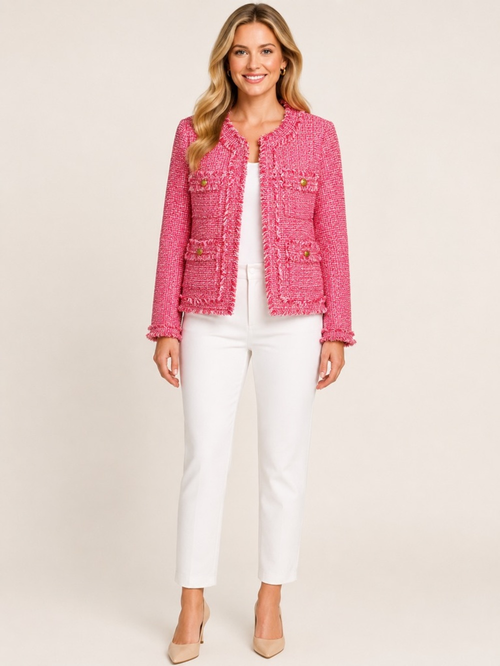 Saks Fifth Avenue Tweed Jacket XS Pink Frayed Trim Open Front Blazer